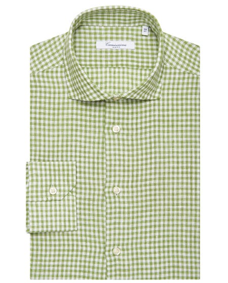Camicia fancy in lino verde a quadretti, slim francese_0