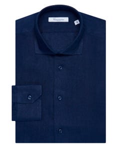 Camicia trendy in lino blu navy, slim_0