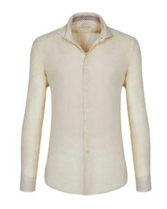 Trendy dyed beige linen shirt with a slim-comfort fit button down_0
